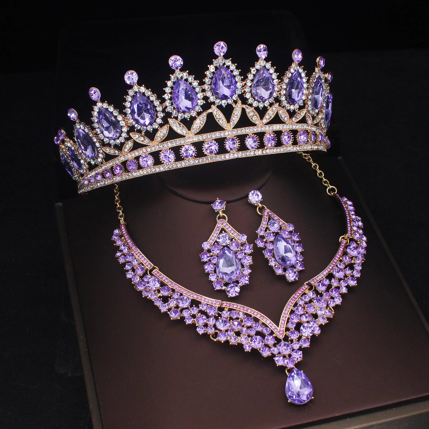 Pink Crystal Bridal Jewelry Sets For Women Girl Princess Tiara/Crown Earring Necklace Wedding Pageant Prom Jewelry Accessories