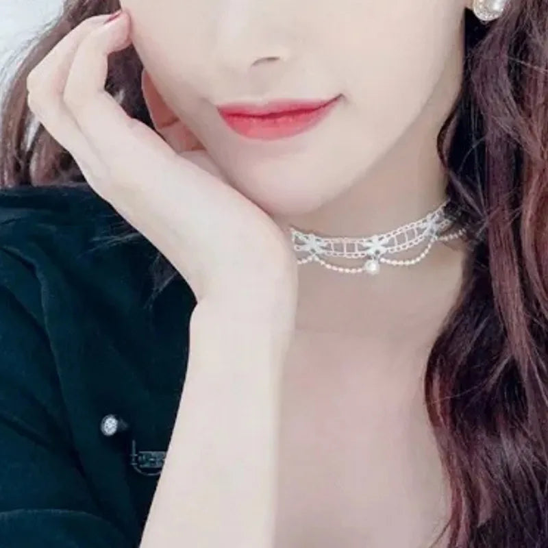 Choker Necklace For Women Elegant White Lace Velvet Stretch Strip Flower Star Pendant Short Clavicle Necklace Aesthetic Jewelry