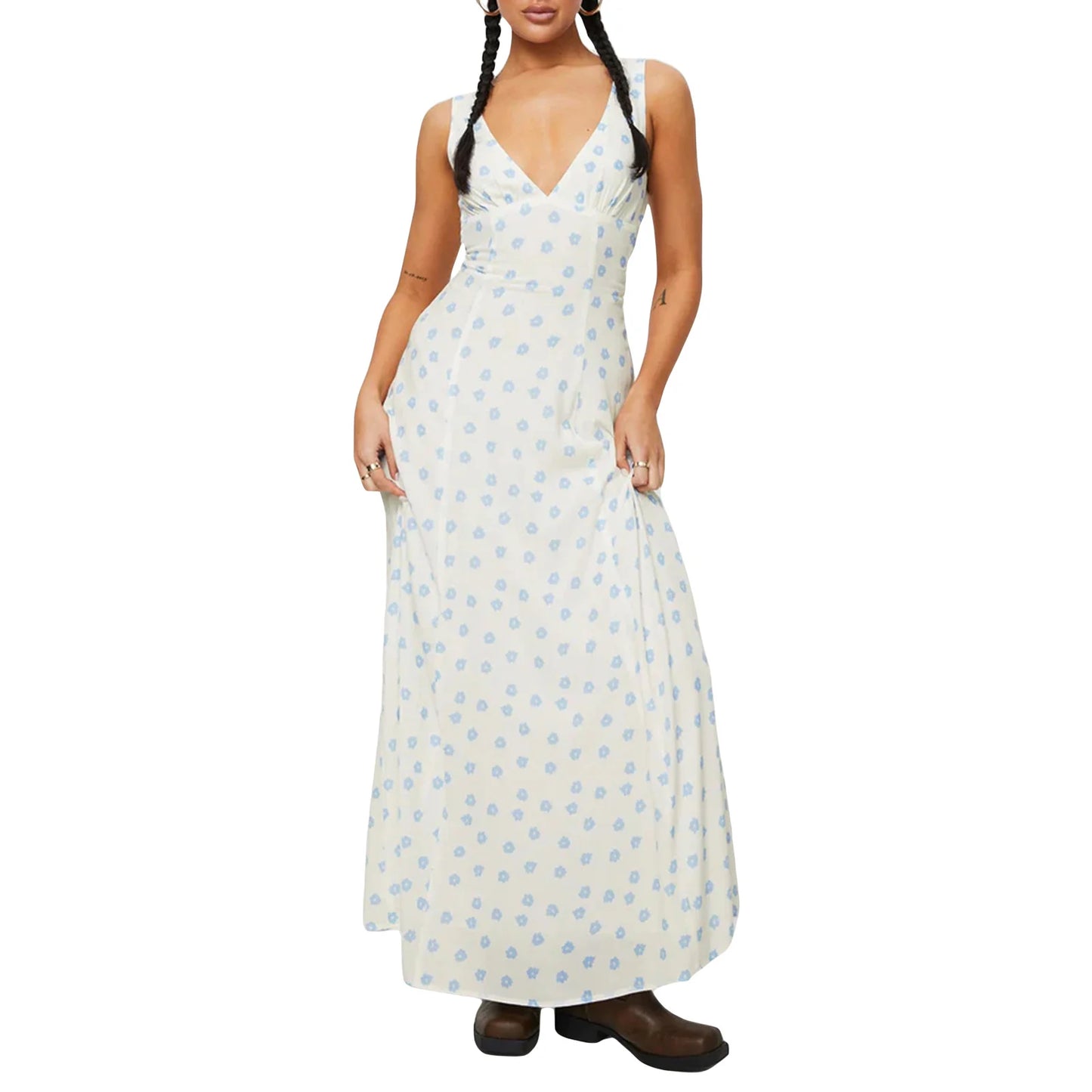 Women's Long Slim Tank Dress Summer Sleeveless Open Back Deep V Neck Floral Print Dresses Casual Elegant Long Dress