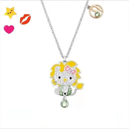 Sanrio Hello Kitty Necklace Anime Character Pink Peach Heart Crystal Cat Push-Pull Bracelet Pendant Couple Decoration Girl Gift