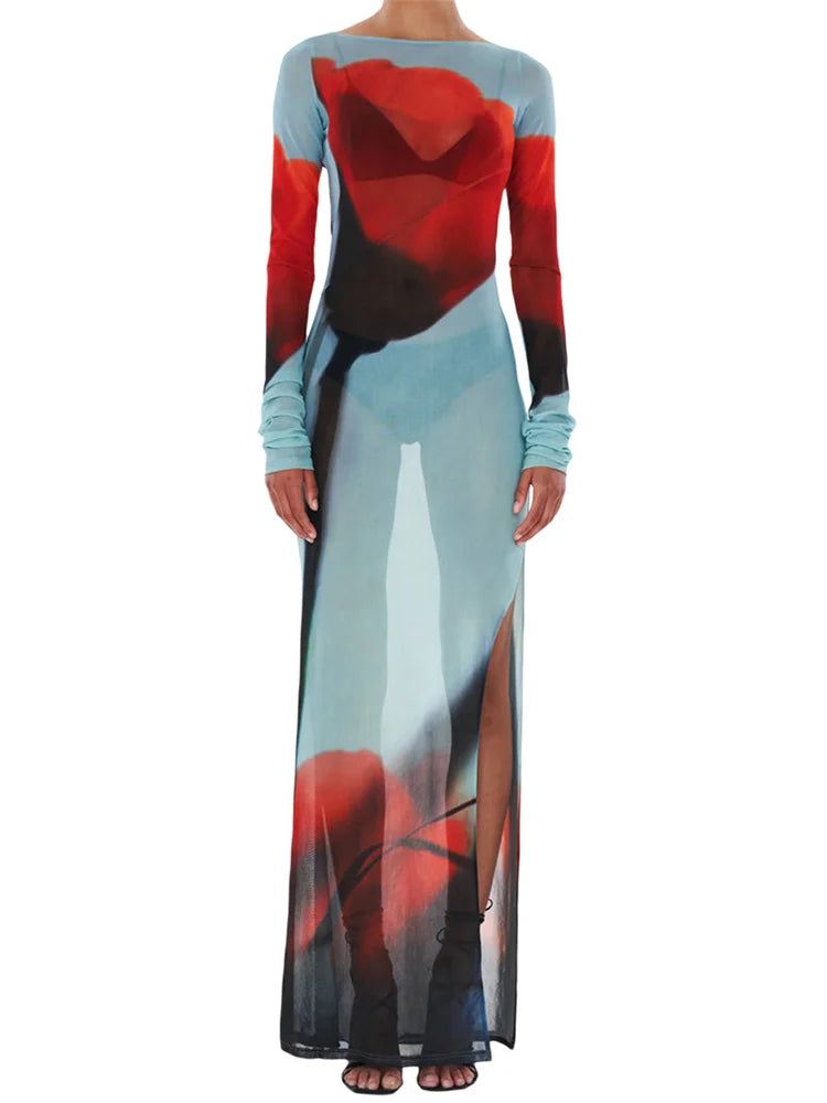 Women’s Sheer Mesh Flower Long Dress Long Sleeve Boat Neck Boydcon Split Midi Dress Summer Fall Cover-up Dress for Beach Club