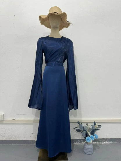 Women Elegant O Neck Swing Sleeve Slim Sheath Folds Long Dress Spring Summer Party Maxi Dresses