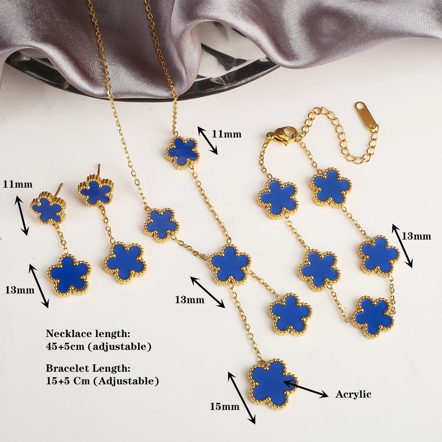 Stainless Steel Hot Sale Five Leaf Flower Gold Color Clover Jewelry Set Bracelet Necklace Earrings High Quality Luxury  Jewelry