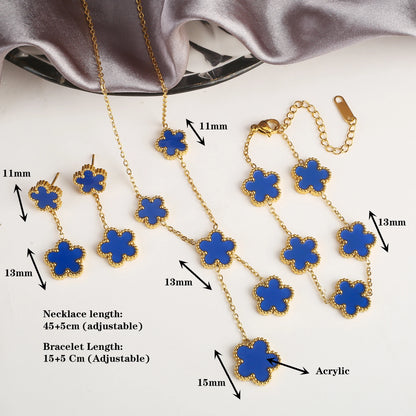 Stainless Steel Hot Sale Five Leaf Flower Gold Color Clover Jewelry Set Bracelet Necklace Earrings High Quality Luxury  Jewelry