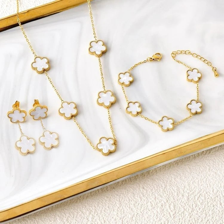 New Trend Five Leaf Flower Stainless Steel Jewelry Set Bracelet Necklace Earrings Classic for Woman Party Luxury Jewelry Clover