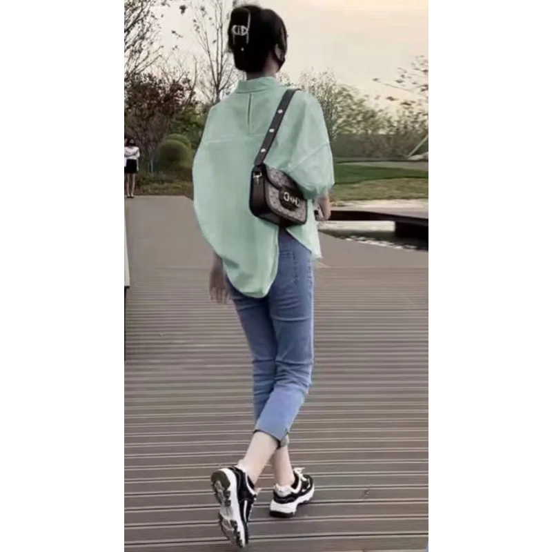 Cotton Mid-sleeve Thin Woman Blous Shir 2025 Summer New Loose Fashion Irregular Shirt Casual Vacation Top Korean Women's Clothes