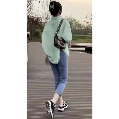 Cotton Mid-sleeve Thin Woman Blous Shir 2025 Summer New Loose Fashion Irregular Shirt Casual Vacation Top Korean Women's Clothes