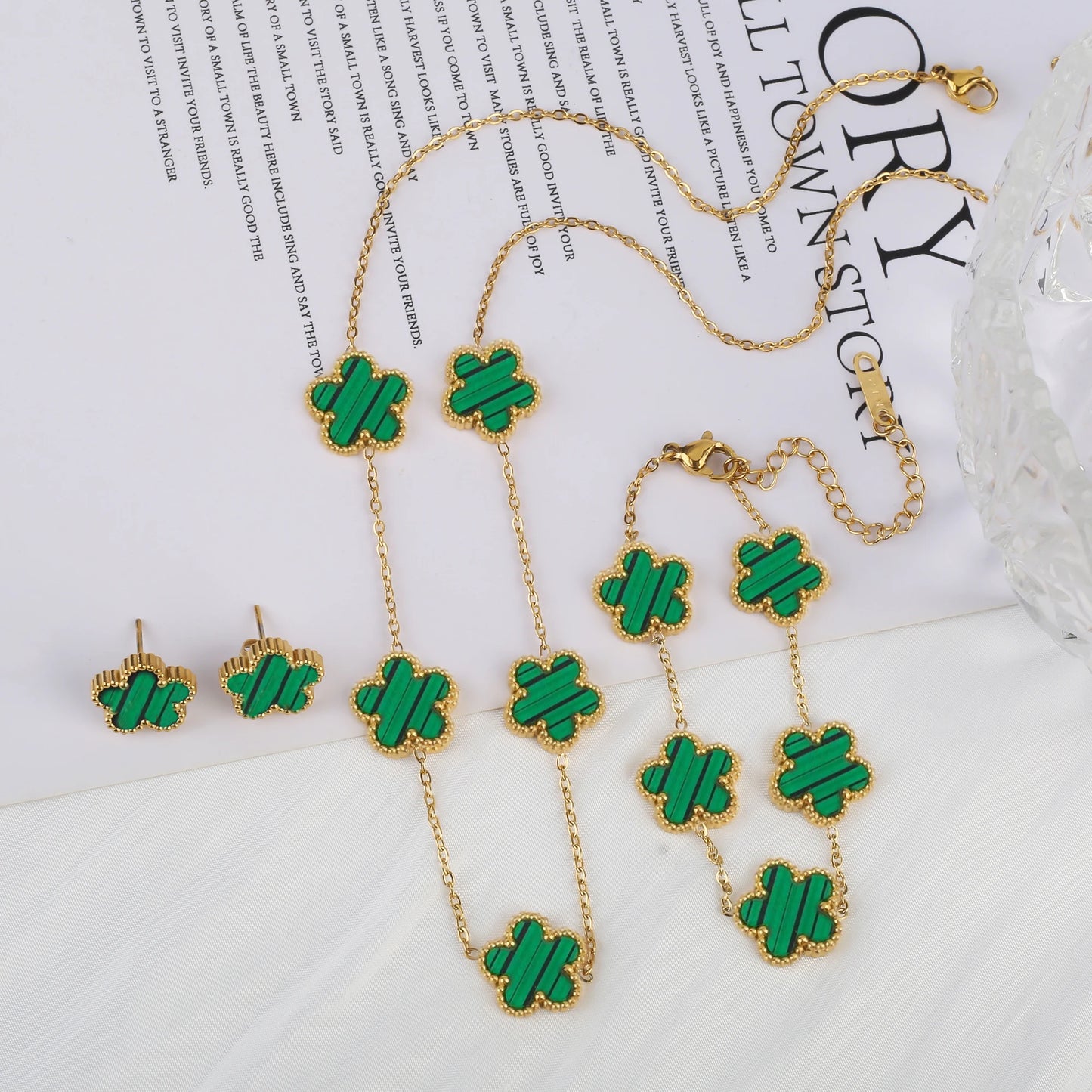 Stainless Steel Hot Sale Five Leaf Flower Gold Color Clover Jewelry Set Bracelet Necklace Earrings High Quality Luxury  Jewelry