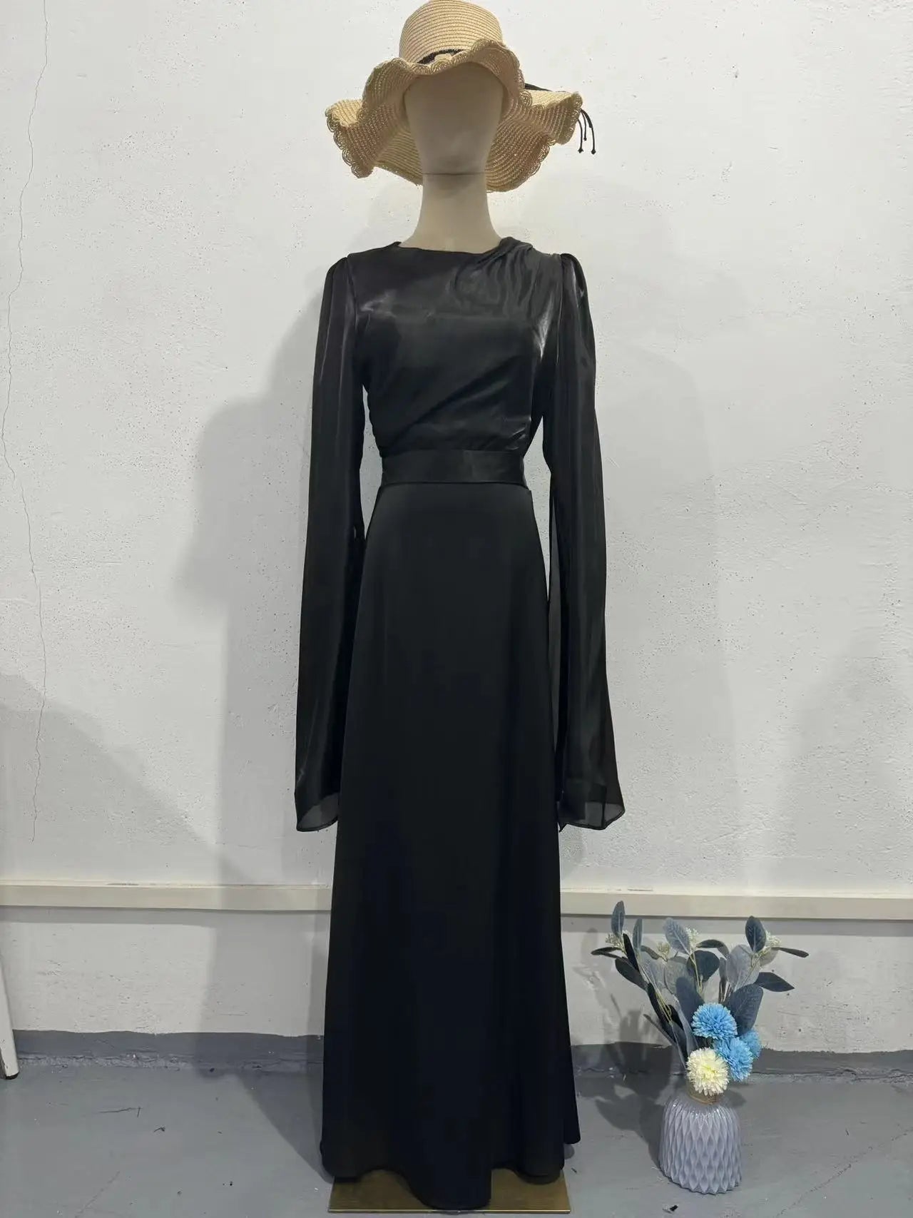 Women Elegant O Neck Swing Sleeve Slim Sheath Folds Long Dress Spring Summer Party Maxi Dresses
