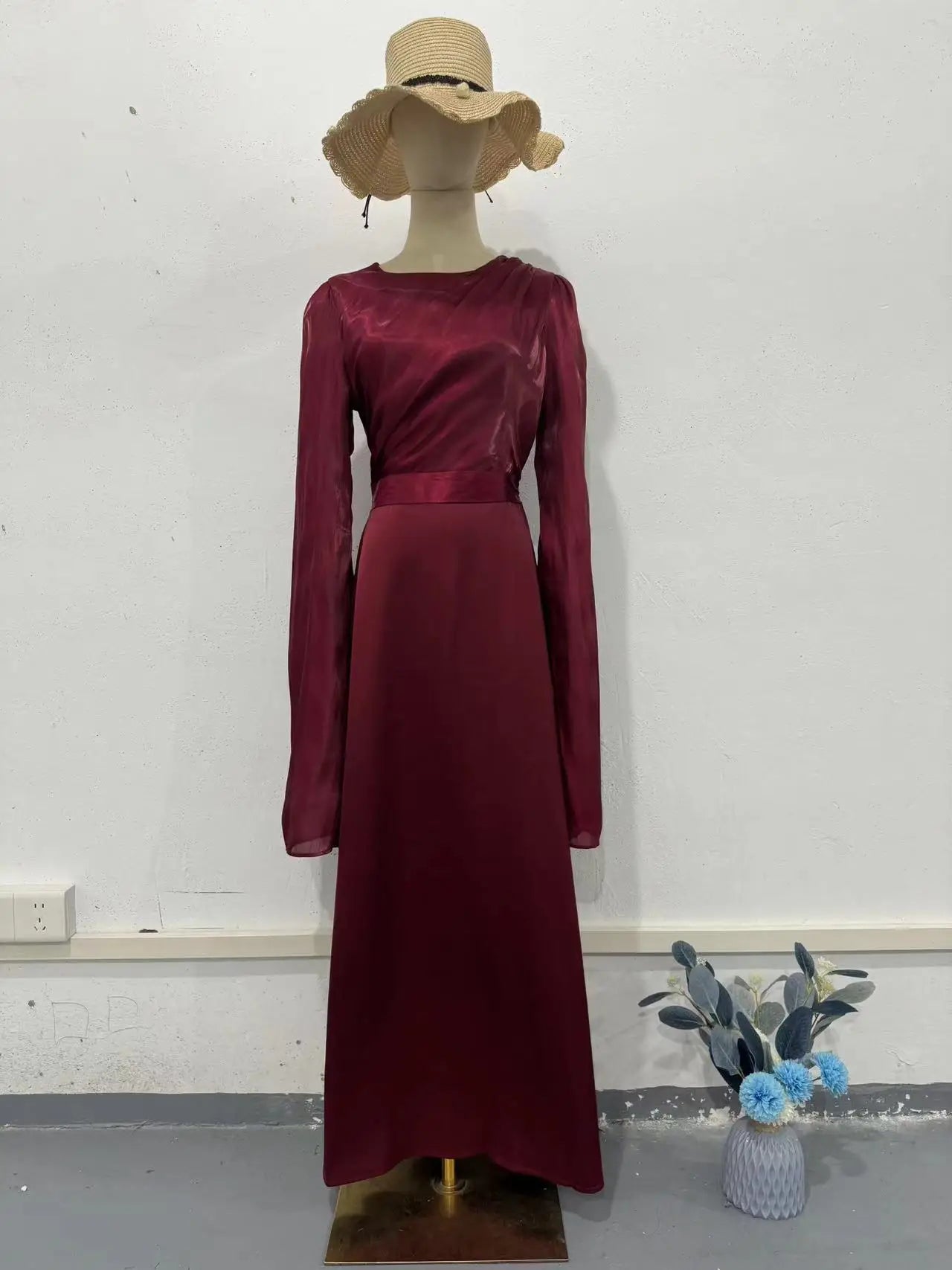 Women Elegant O Neck Swing Sleeve Slim Sheath Folds Long Dress Spring Summer Party Maxi Dresses