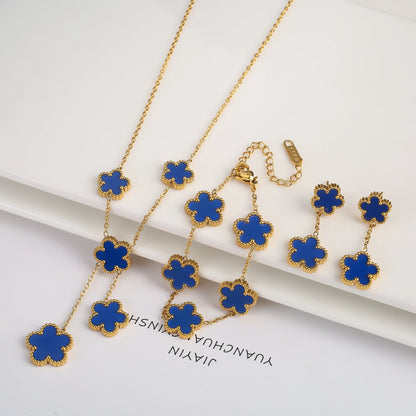 Stainless Steel Hot Sale Five Leaf Flower Gold Color Clover Jewelry Set Bracelet Necklace Earrings High Quality Luxury  Jewelry