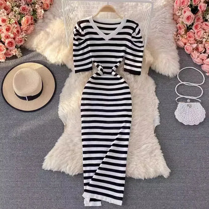 YuooMuoo Women Dress 2024 Summer Casual All Match Puff Sleeve Stripes Knitted Long Dress Female Bodycon Outfits Vestidos