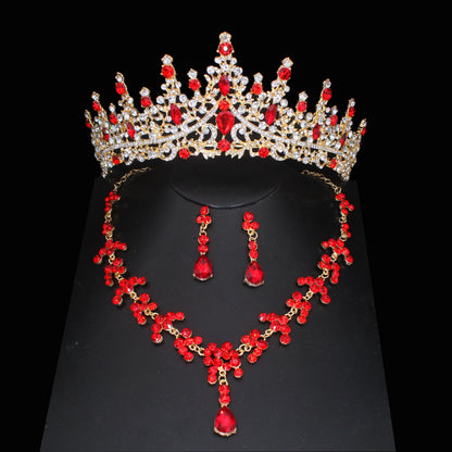 Pink Crystal Bridal Jewelry Sets For Women Girl Princess Tiara/Crown Earring Necklace Wedding Pageant Prom Jewelry Accessories