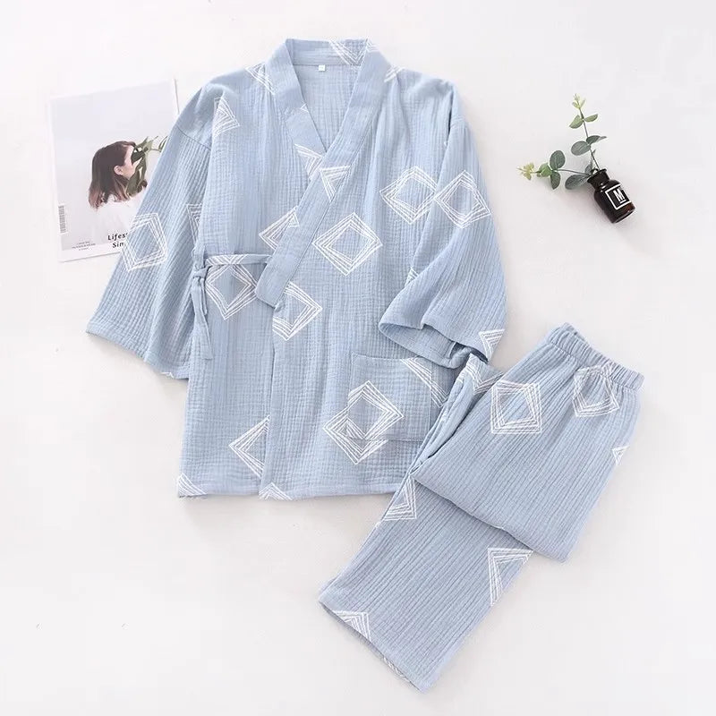 New Japanese-style Kimono Two-piece Couple Pajamas Cotton Gauze Sleepwear Woman Summer Homewear  Loose Thin Robes Nightgown