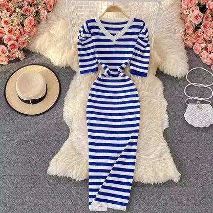 YuooMuoo Women Dress 2024 Summer Casual All Match Puff Sleeve Stripes Knitted Long Dress Female Bodycon Outfits Vestidos