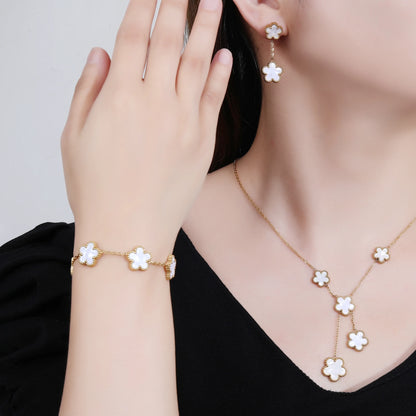 Stainless Steel Hot Sale Five Leaf Flower Gold Color Clover Jewelry Set Bracelet Necklace Earrings High Quality Luxury  Jewelry