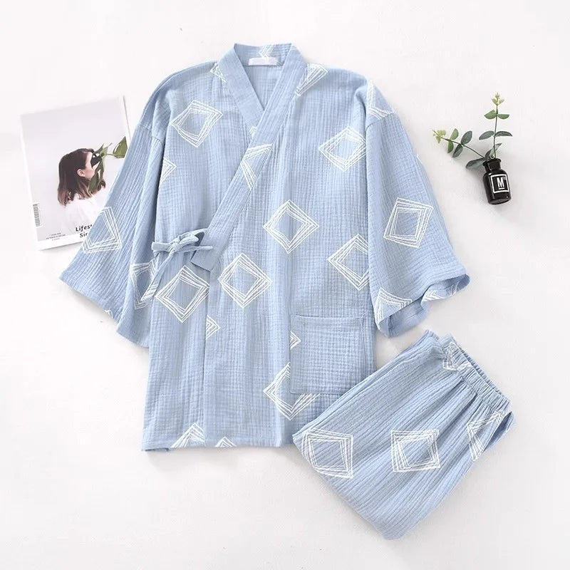 New Japanese-style Kimono Two-piece Couple Pajamas Cotton Gauze Sleepwear Woman Summer Homewear  Loose Thin Robes Nightgown
