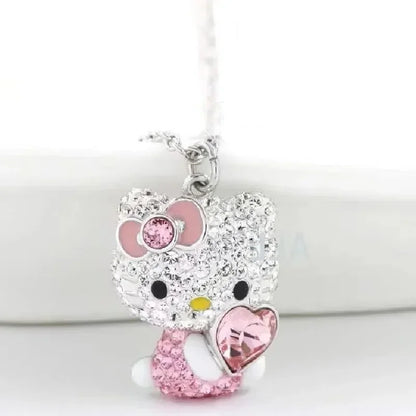 Hello Kitty Necklace Sanrio Anime Character Pink Peach Heart Crystal Cat Push-Pull Bracelet Pendant Couple Decoration Girl Gift