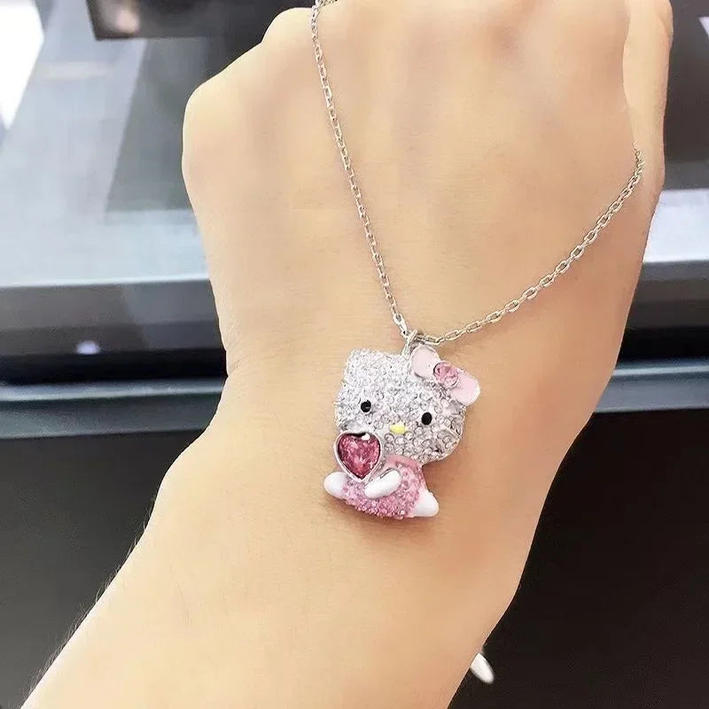 Hello Kitty Necklace Sanrio Anime Character Pink Peach Heart Crystal Cat Push-Pull Bracelet Pendant Couple Decoration Girl Gift