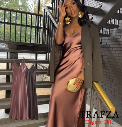 TRAFZA Women Sexy Satin Long Dress Thin Strap Backless Slim Long Dress New 2025 Fashion Glamorous Dinner Party Nightwear Dress
