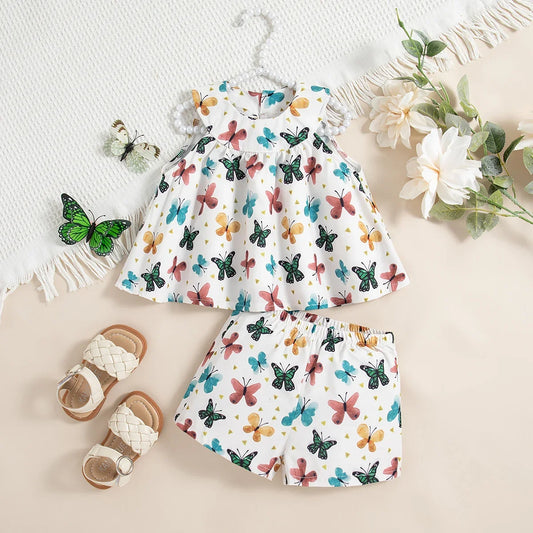 2 Pieces Summer Girl's Butterfly Sleeveless Top+shorts Baby's Sets Comfortable Baby Girl Clothes 0-2 Years Children's Cute Set