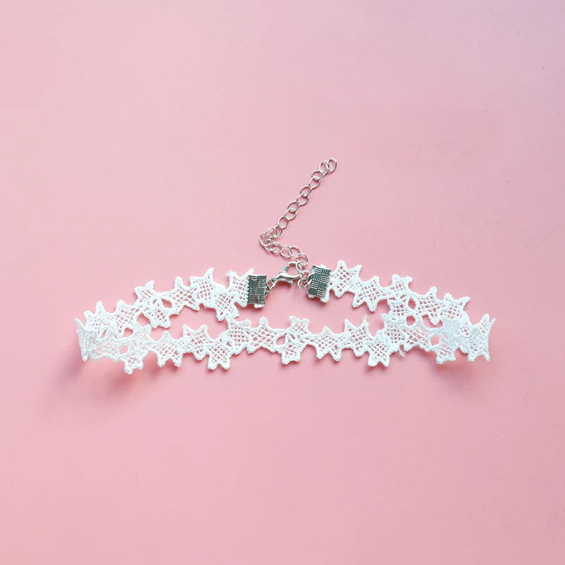 Choker Necklace For Women Elegant White Lace Velvet Stretch Strip Flower Star Pendant Short Clavicle Necklace Aesthetic Jewelry
