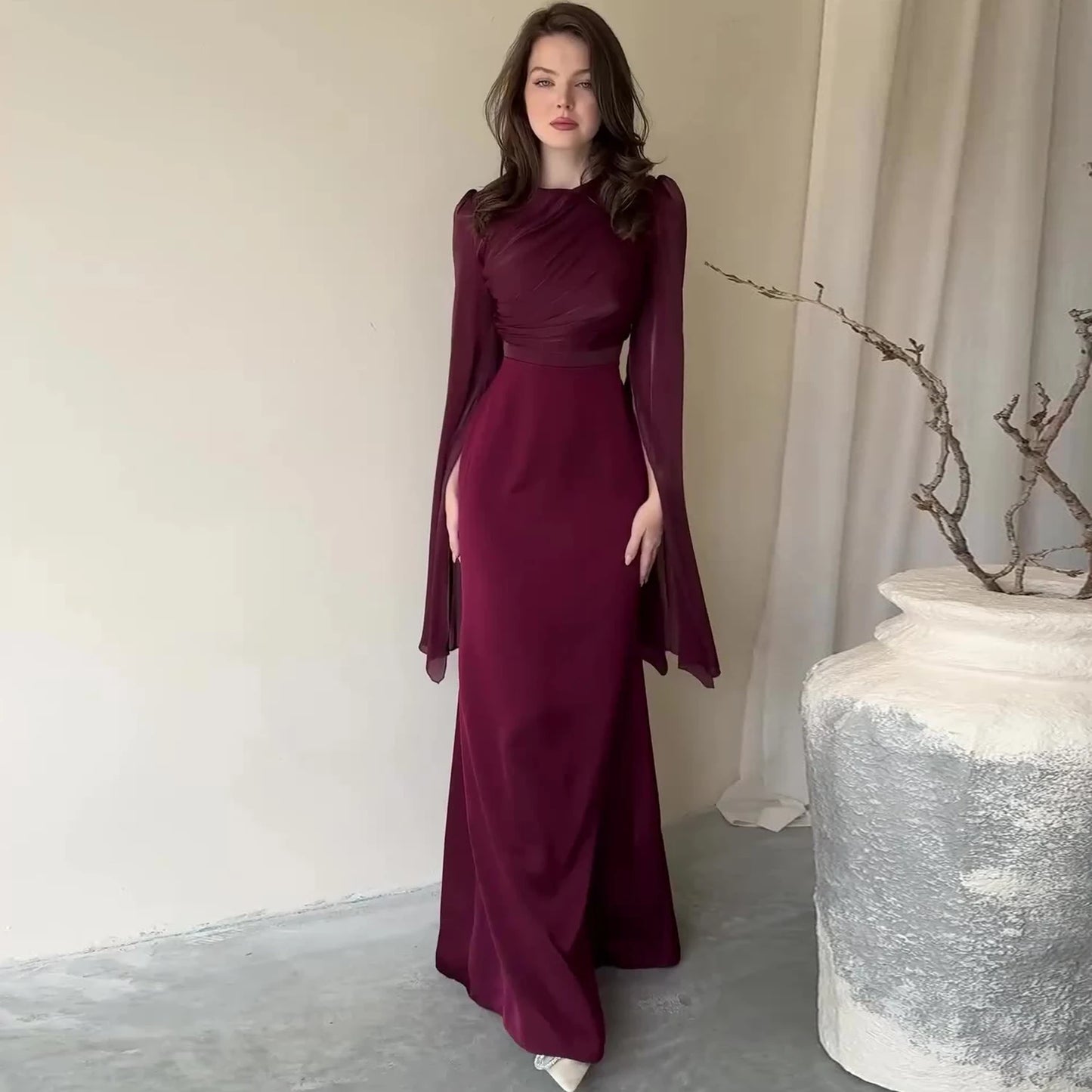 Women Elegant O Neck Swing Sleeve Slim Sheath Folds Long Dress Spring Summer Party Maxi Dresses