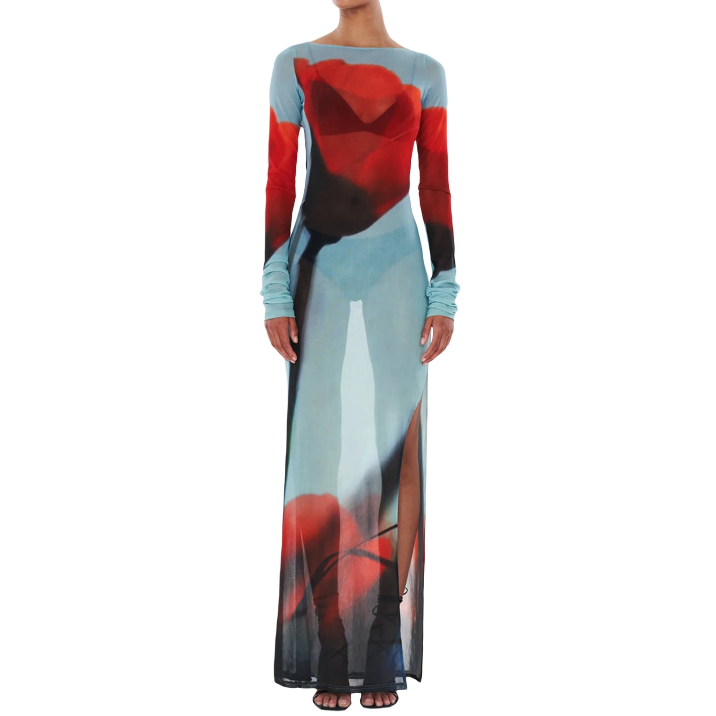 Women’s Sheer Mesh Flower Long Dress Long Sleeve Boat Neck Boydcon Split Midi Dress Summer Fall Cover-up Dress for Beach Club
