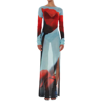 Women’s Sheer Mesh Flower Long Dress Long Sleeve Boat Neck Boydcon Split Midi Dress Summer Fall Cover-up Dress for Beach Club