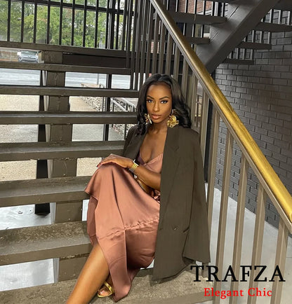 TRAFZA Women Sexy Satin Long Dress Thin Strap Backless Slim Long Dress New 2025 Fashion Glamorous Dinner Party Nightwear Dress