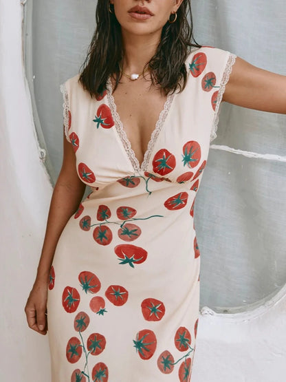 Women's Long Slim Tank Dress Summer Sleeveless Open Back Deep V Neck Floral Print Dresses Casual Elegant Long Dress