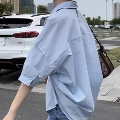 Cotton Mid-sleeve Thin Woman Blous Shir 2025 Summer New Loose Fashion Irregular Shirt Casual Vacation Top Korean Women's Clothes