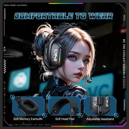 ONIKUMA GT808 Tri-mode Gaming Headset RGB Lighting 2.4G Wireless Gaming PC Wired Desktop with Headset   Ultra Long Life