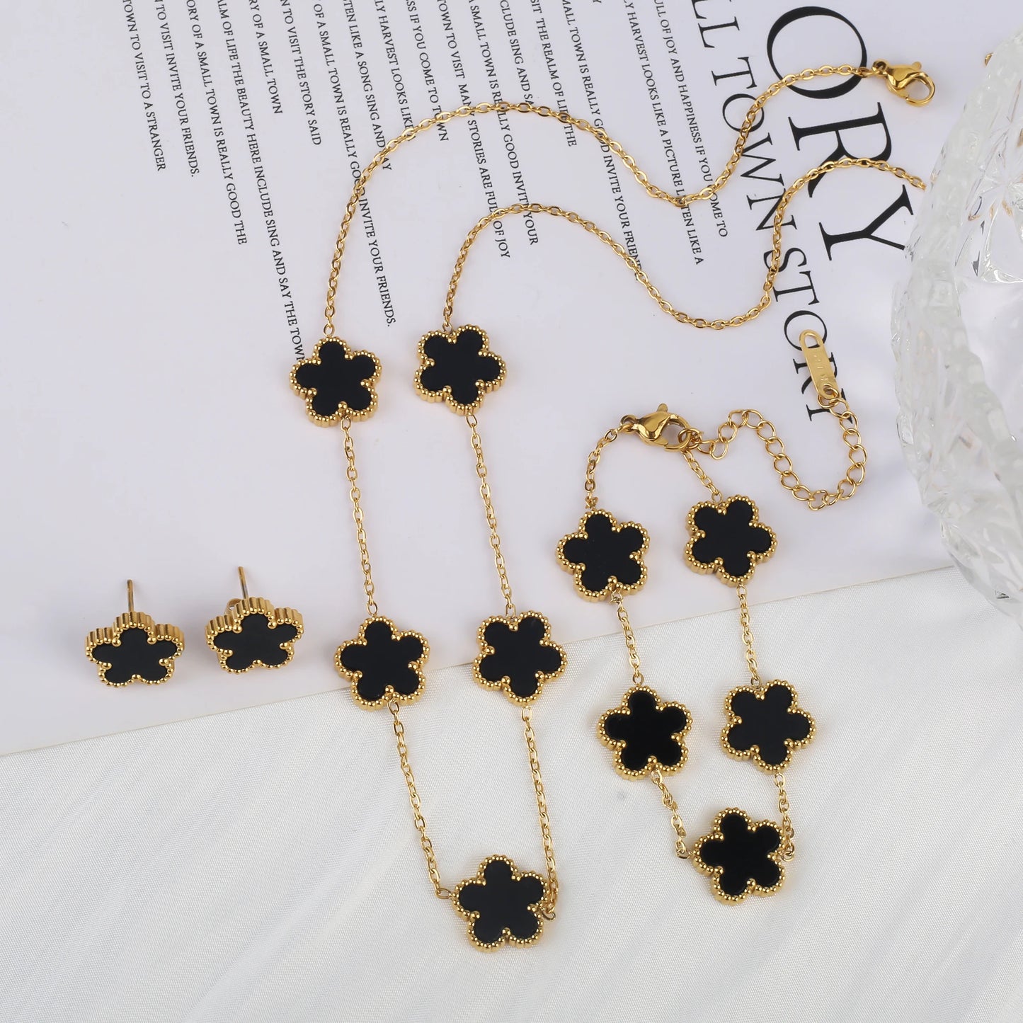 Stainless Steel Hot Sale Five Leaf Flower Gold Color Clover Jewelry Set Bracelet Necklace Earrings High Quality Luxury  Jewelry