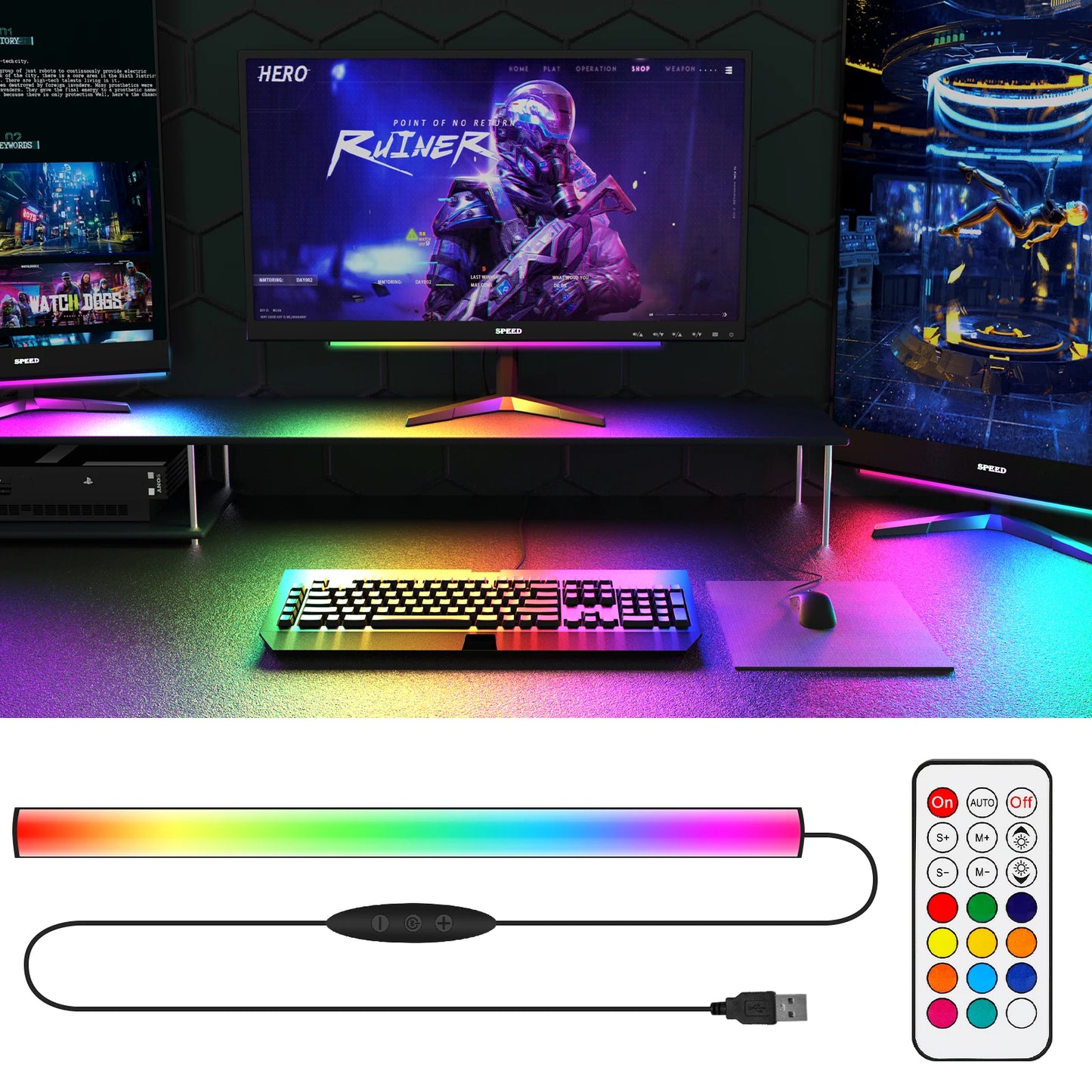 Ambient Gaming Lights Under Monitor Light Ambiance Backlights with Remote Controller USB Powered for Gaming PC Setup Desk Stand