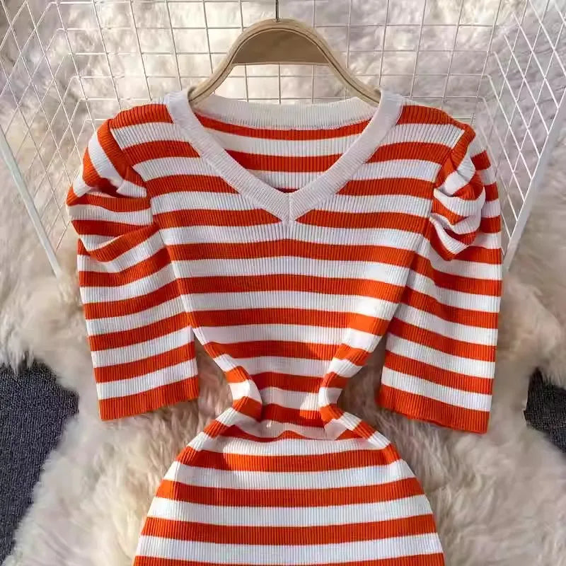 YuooMuoo Women Dress 2024 Summer Casual All Match Puff Sleeve Stripes Knitted Long Dress Female Bodycon Outfits Vestidos