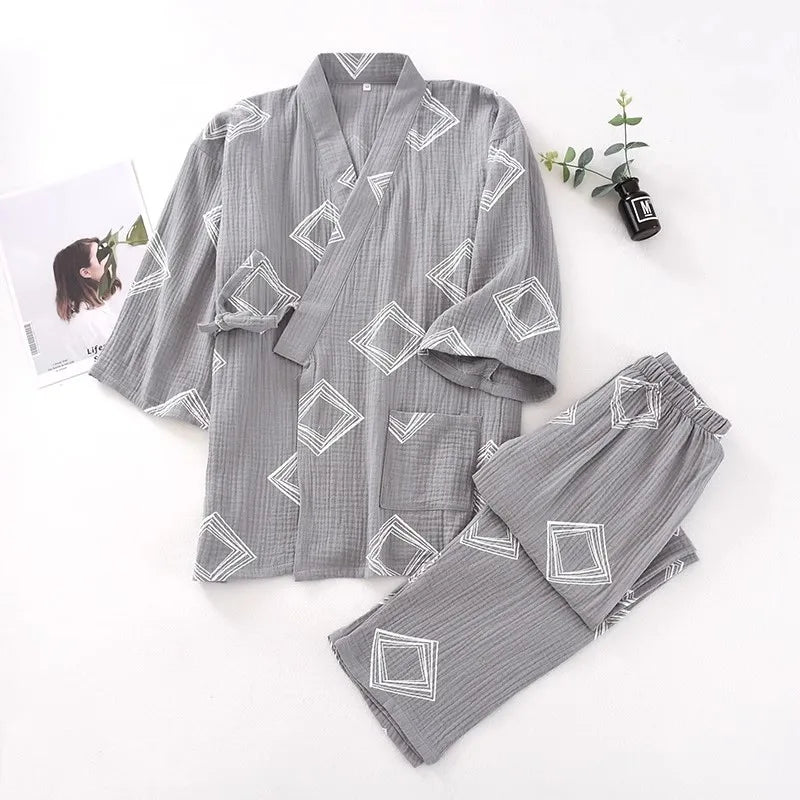 New Japanese-style Kimono Two-piece Couple Pajamas Cotton Gauze Sleepwear Woman Summer Homewear  Loose Thin Robes Nightgown