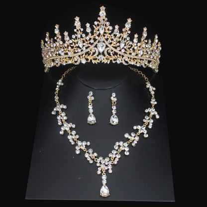 Pink Crystal Bridal Jewelry Sets For Women Girl Princess Tiara/Crown Earring Necklace Wedding Pageant Prom Jewelry Accessories