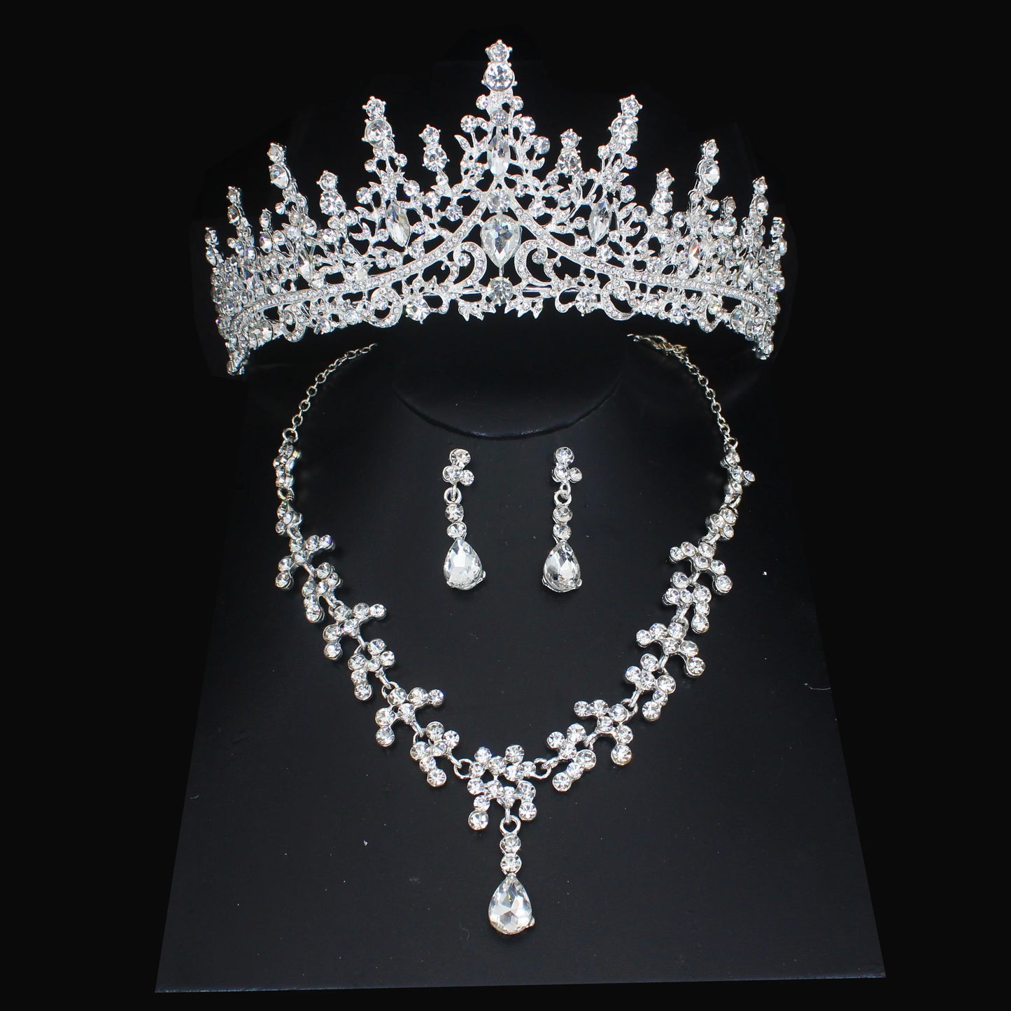 Pink Crystal Bridal Jewelry Sets For Women Girl Princess Tiara/Crown Earring Necklace Wedding Pageant Prom Jewelry Accessories