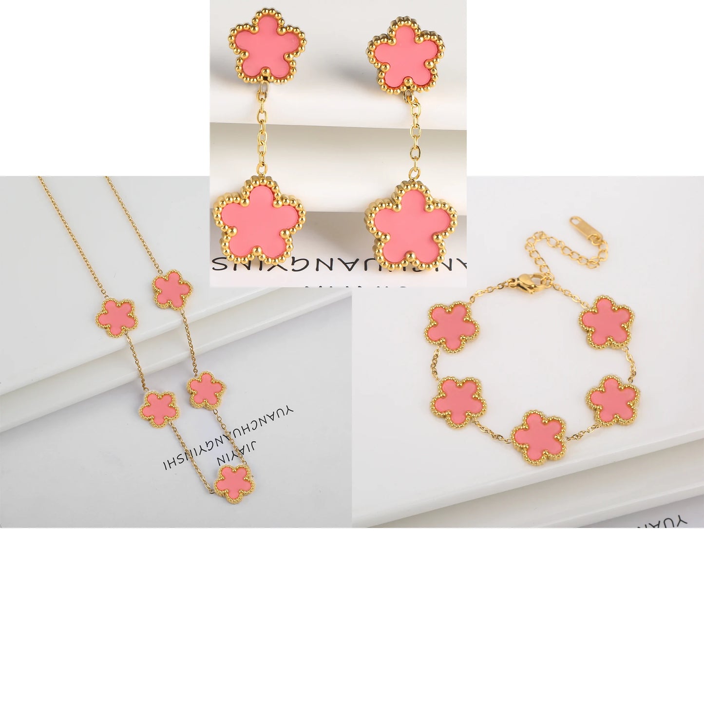 New Trend Five Leaf Flower Stainless Steel Jewelry Set Bracelet Necklace Earrings Classic for Woman Party Luxury Jewelry Clover