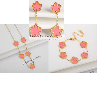 New Trend Five Leaf Flower Stainless Steel Jewelry Set Bracelet Necklace Earrings Classic for Woman Party Luxury Jewelry Clover