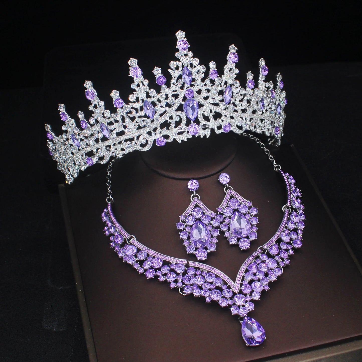 Pink Crystal Bridal Jewelry Sets For Women Girl Princess Tiara/Crown Earring Necklace Wedding Pageant Prom Jewelry Accessories