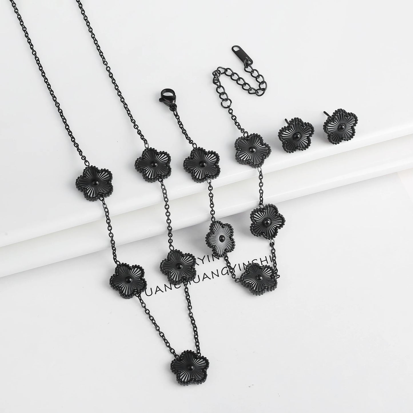 Stainless Steel Hot Sale Five Leaf Flower Gold Color Clover Jewelry Set Bracelet Necklace Earrings High Quality Luxury  Jewelry