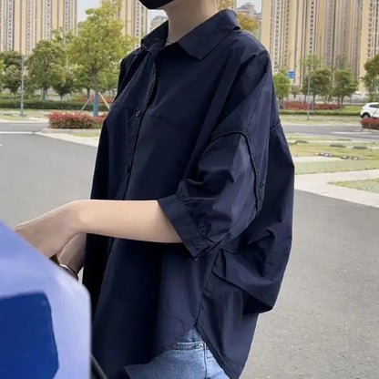 Cotton Mid-sleeve Thin Woman Blous Shir 2025 Summer New Loose Fashion Irregular Shirt Casual Vacation Top Korean Women's Clothes