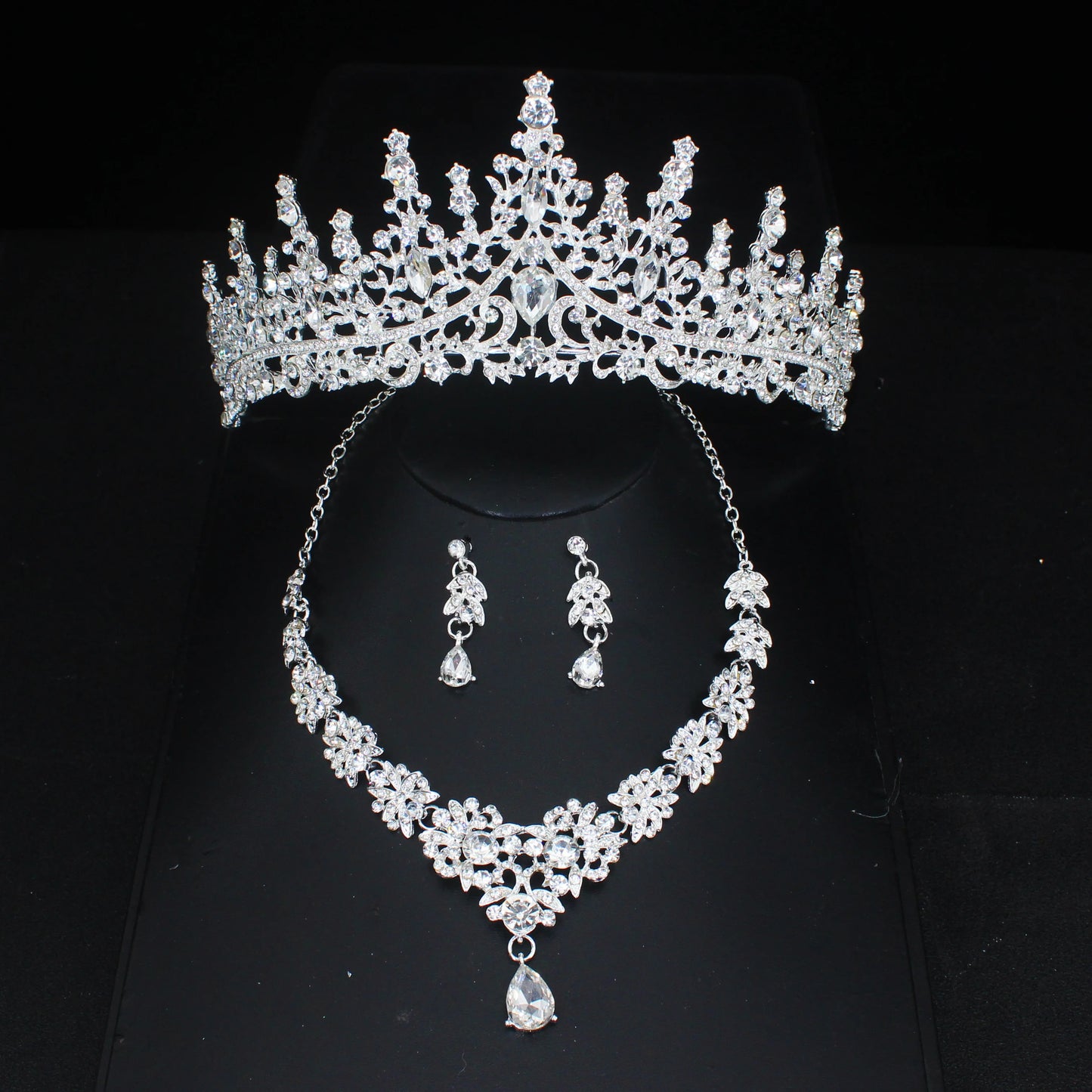 Pink Crystal Bridal Jewelry Sets For Women Girl Princess Tiara/Crown Earring Necklace Wedding Pageant Prom Jewelry Accessories