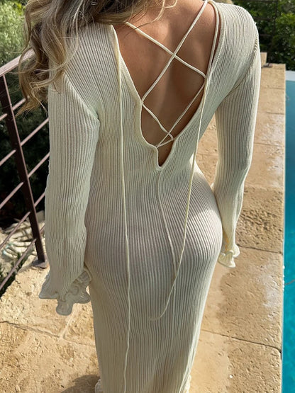 Backless Ruffles Pleated Long Dress Women Winter Fashion White Flare Sleeve Elegant Party Robes Streetwear Knitted Maxi Dresses