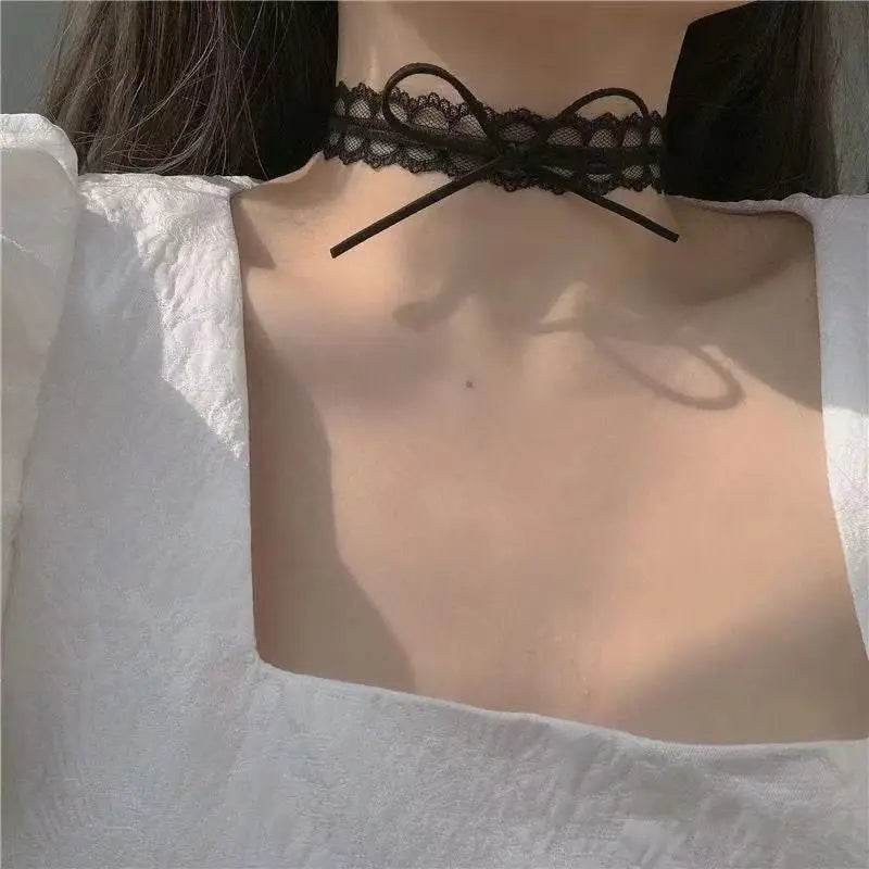Fashion Choker Necklace For Women Sexy Black White Lace Stretch Strip Pendant Short Clavicle Gothic Necklace Aesthetic Jewelry