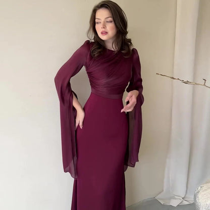 Women Elegant O Neck Swing Sleeve Slim Sheath Folds Long Dress Spring Summer Party Maxi Dresses