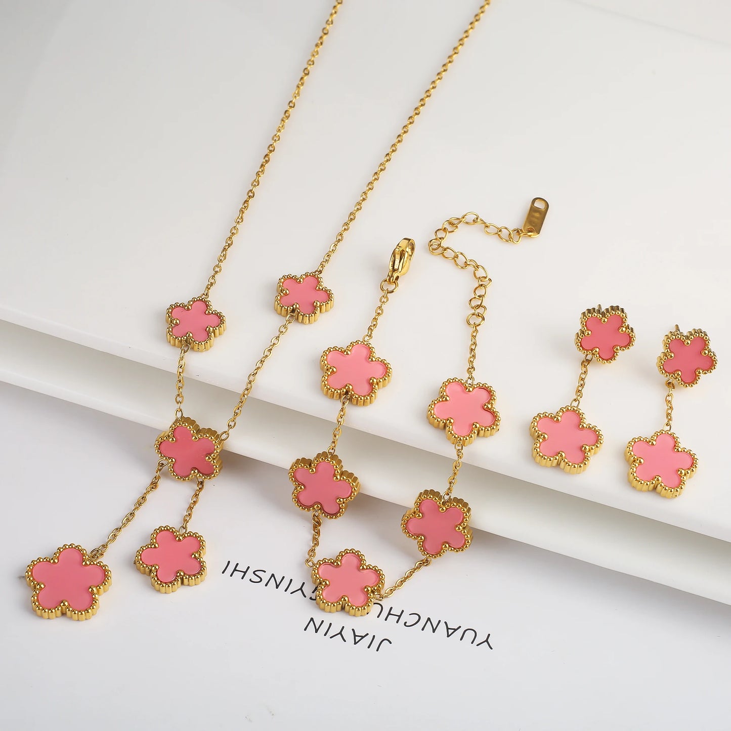 Stainless Steel Hot Sale Five Leaf Flower Gold Color Clover Jewelry Set Bracelet Necklace Earrings High Quality Luxury  Jewelry