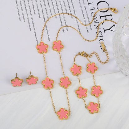 Stainless Steel Hot Sale Five Leaf Flower Gold Color Clover Jewelry Set Bracelet Necklace Earrings High Quality Luxury  Jewelry